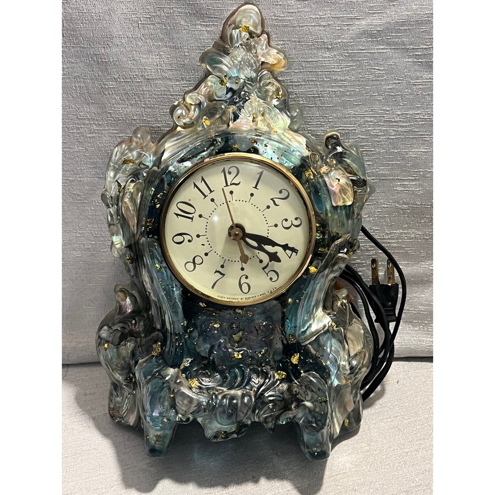 Vintage Sessions Electric Mantel Clock Abalone Shell Resin Gold Leaf Mid Century